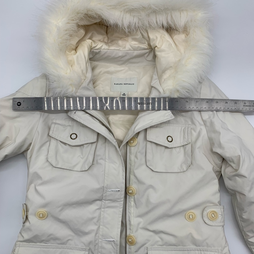 Banana Republic feather down parka jacket with hood, white in color, size medium